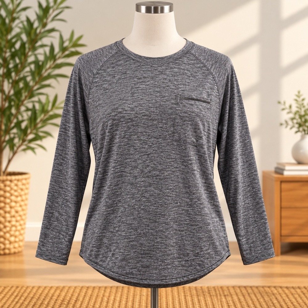 Calvin Klein Performance Top Womens L Grey V-Neck Pocket Tulip Back Long Sleeve